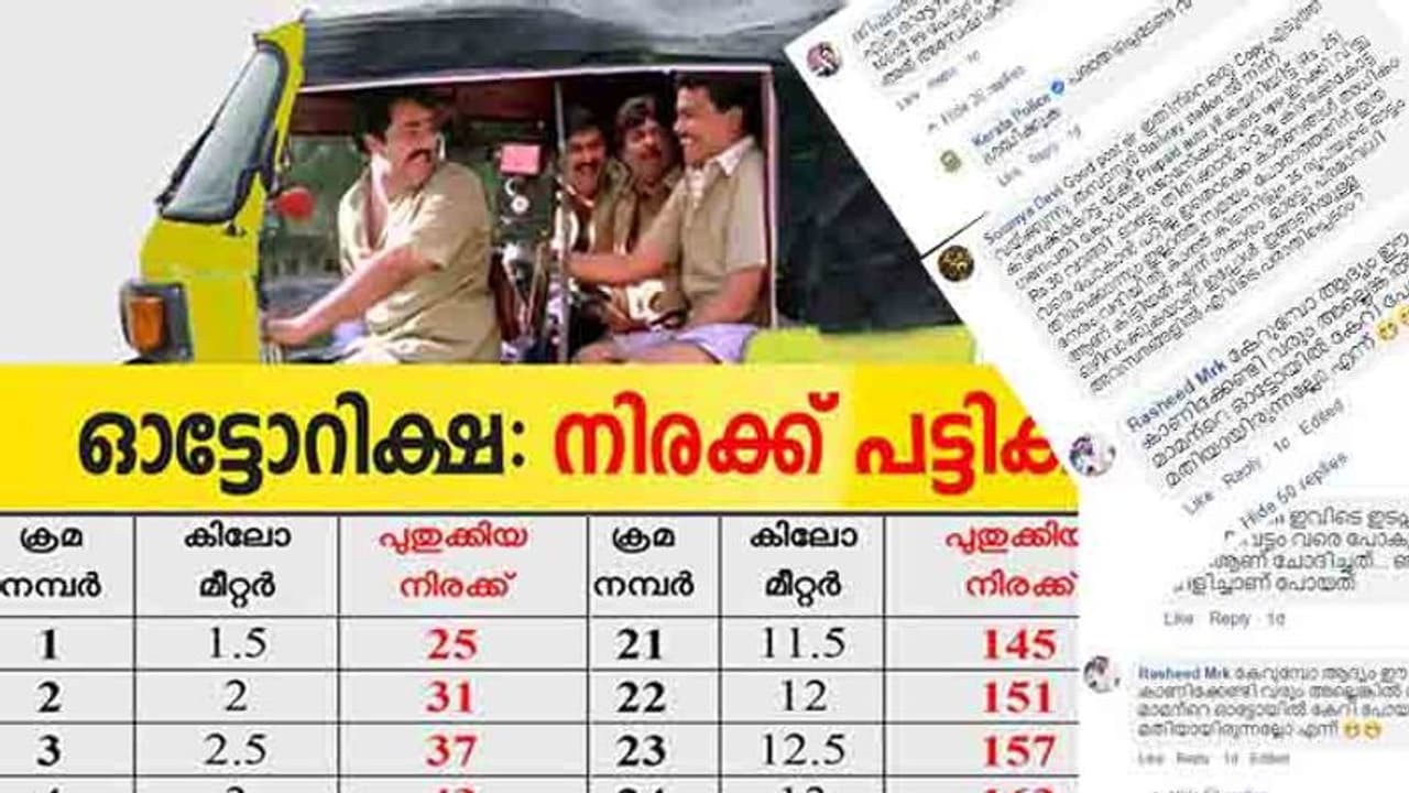 ഓട്ടോ നിരക്കിനെ കുറിച്ചുള്ള സംശയത്തിന് മറുപടി നല്കി കേരളാ പൊലീസ്; പരാതികളില് നടപടി മാത്രം ഉണ്ടാകുന്നില്ലെന്ന് ജനം ഓട്ടോ നിരക്കിനെ കുറിച്ചുള്ള സംശയത്തിന് മറുപടി നല്കി കേരളാ പൊലീസ്; പരാതികളില് നടപടി മാത്രം ഉണ്ടാകുന്നില്ലെന്ന് ജനം