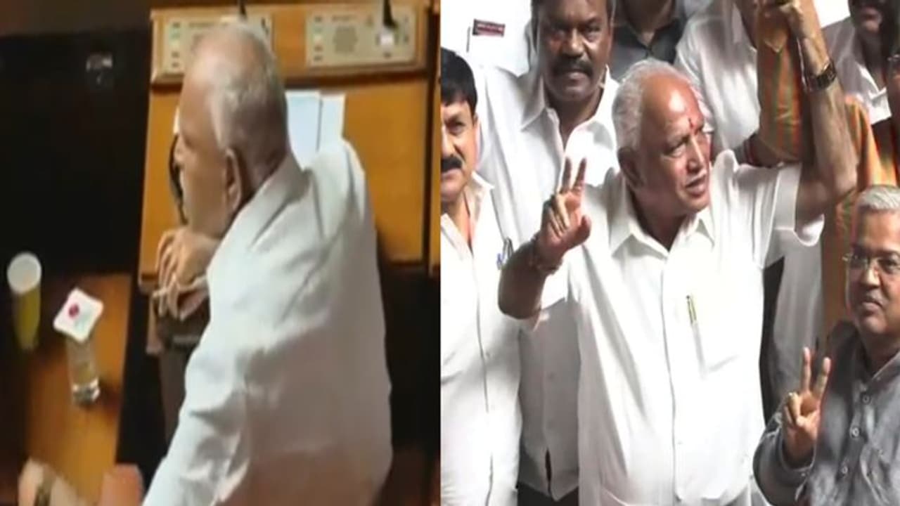 కుమారస్వామి బలపరీక్ష: అసెంబ్లీలో యడ్యూరప్ప టెన్షన్, చివరకు విక్టరీ సింబల్ కుమారస్వామి బలపరీక్ష: అసెంబ్లీలో యడ్యూరప్ప టెన్షన్, చివరకు విక్టరీ సింబల్