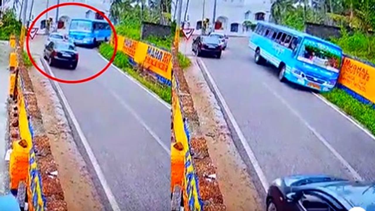 കാറ് കണ്ട് പതറിയ ബസ് ഓടയില്‍, കുറ്റക്കാരനെച്ചൊല്ലി തമ്മിലടി!