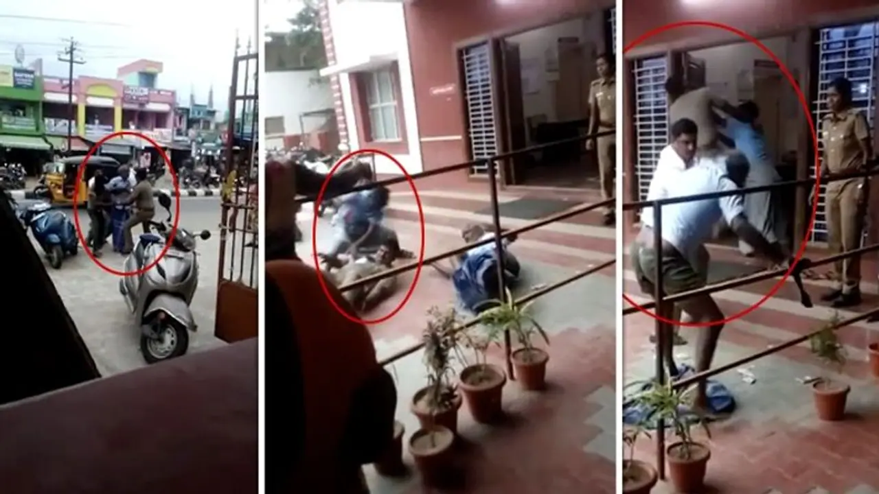 காவல் நிலையத்தில் வைத்து போலீசை வெளுத்து வாங்கிய தந்தை, மகன்கள்..! காவல் நிலையத்தில் வைத்து போலீசை வெளுத்து வாங்கிய தந்தை, மகன்கள்..!