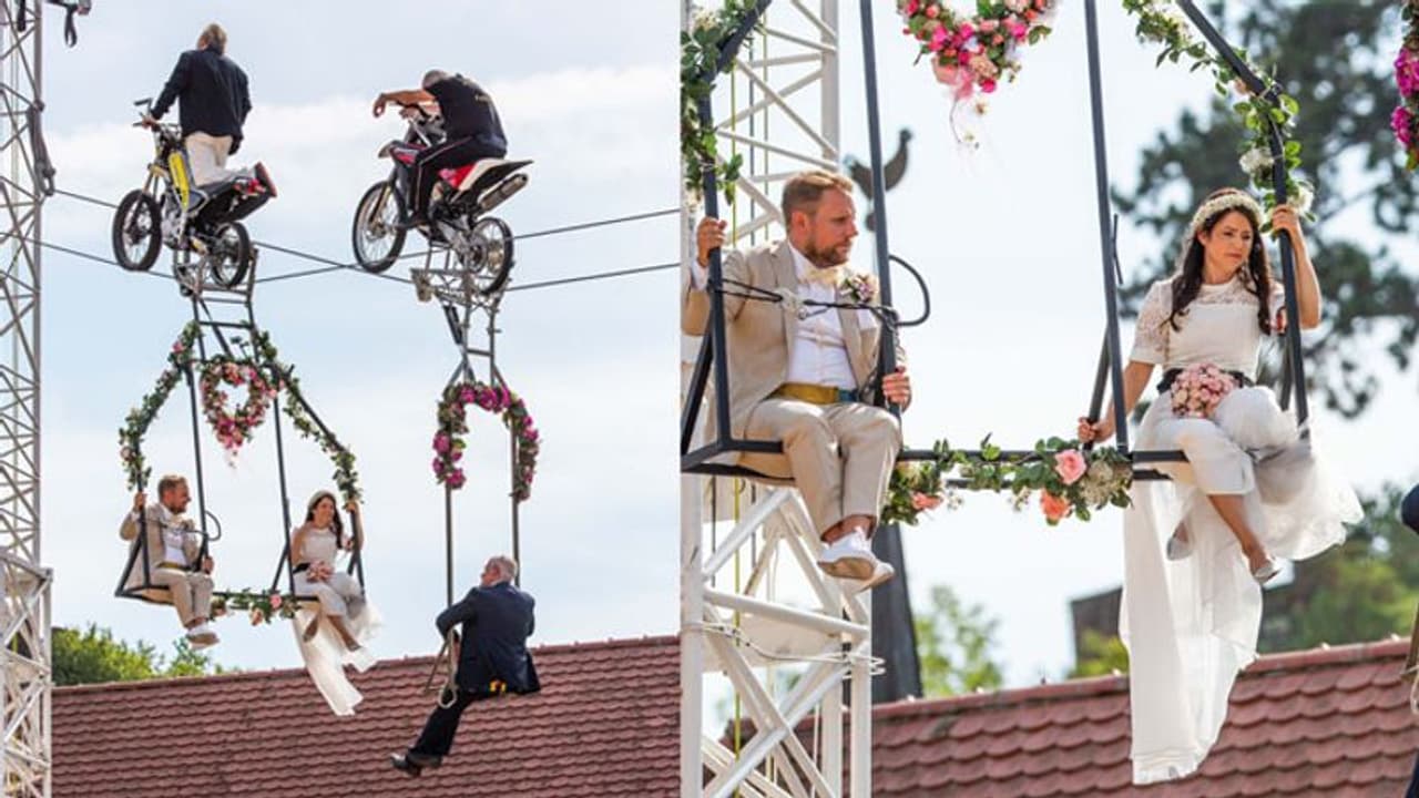 വലിച്ചുകെട്ടിയ ഞാണിന്മേല് വധുവും വരനും; അതിസാഹസികമായി ഒരു വിവാഹ ചടങ്ങ്... വലിച്ചുകെട്ടിയ ഞാണിന്മേല് വധുവും വരനും; അതിസാഹസികമായി ഒരു വിവാഹ ചടങ്ങ്...