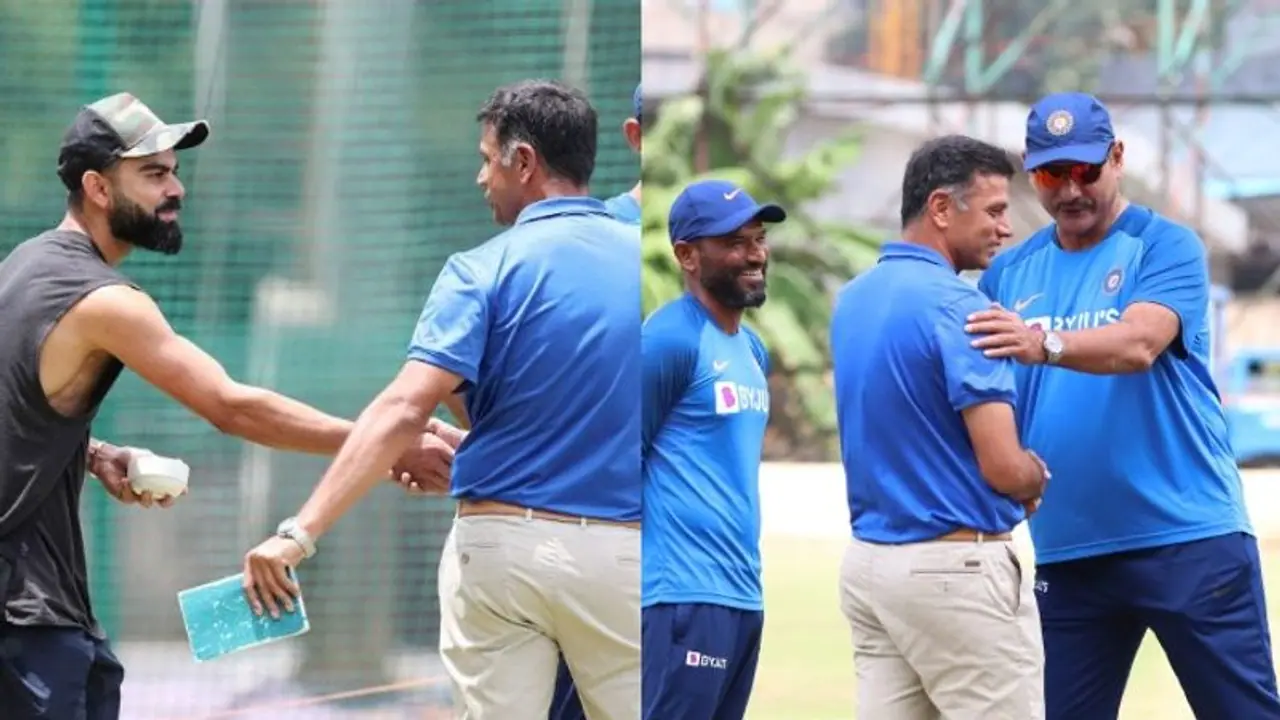 Rahul Dravid spotted in candid conversation with Ravi Shastri at Chinnaswamy Stadium