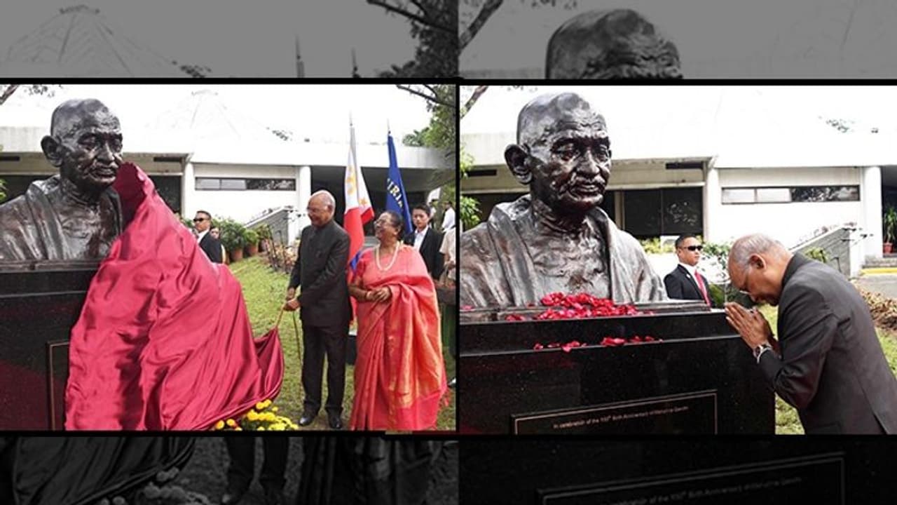President Ram Nath Kovind unveils sculpture of Mahatma Gandhi in Philippines President Ram Nath Kovind unveils sculpture of Mahatma Gandhi in Philippines