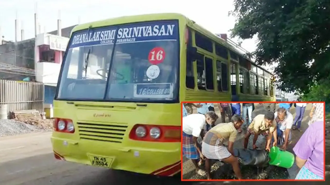 கல்லூரி பேருந்தில் இருந்து கழன்று விழுந்த டீசல் டேங்க்..! அதிர்ஷ்டவசமாக உயிர்தப்பிய மாணவர்கள்..!