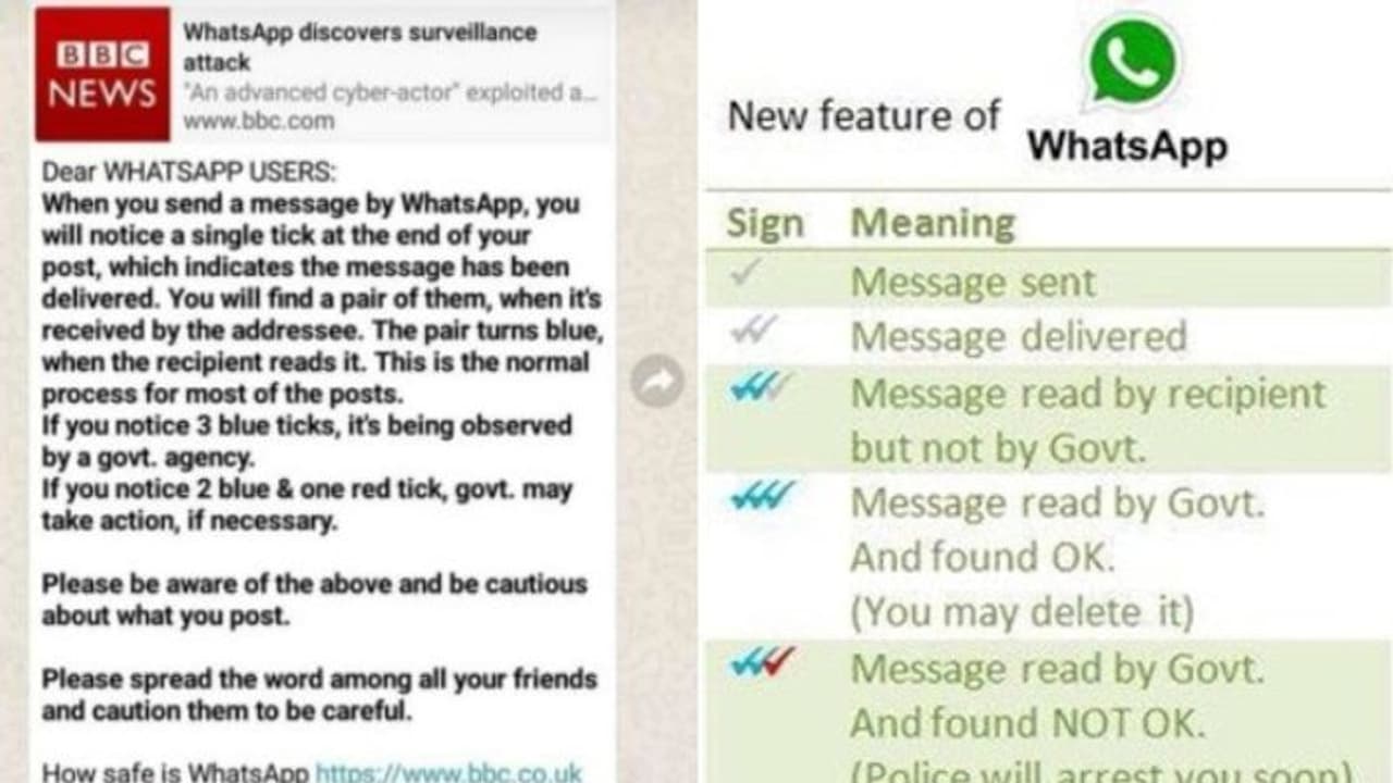 'വാട്‌സാപ്പില്‍ രണ്ട് നീല ടിക് മാര്‍ക്കും ഒരു ചുവപ്പുമുണ്ടോ; ഉടന്‍ അറസ്റ്റ് ചെയ്യും'; വൈറല്‍ മെസേജ് സത്യമോ?