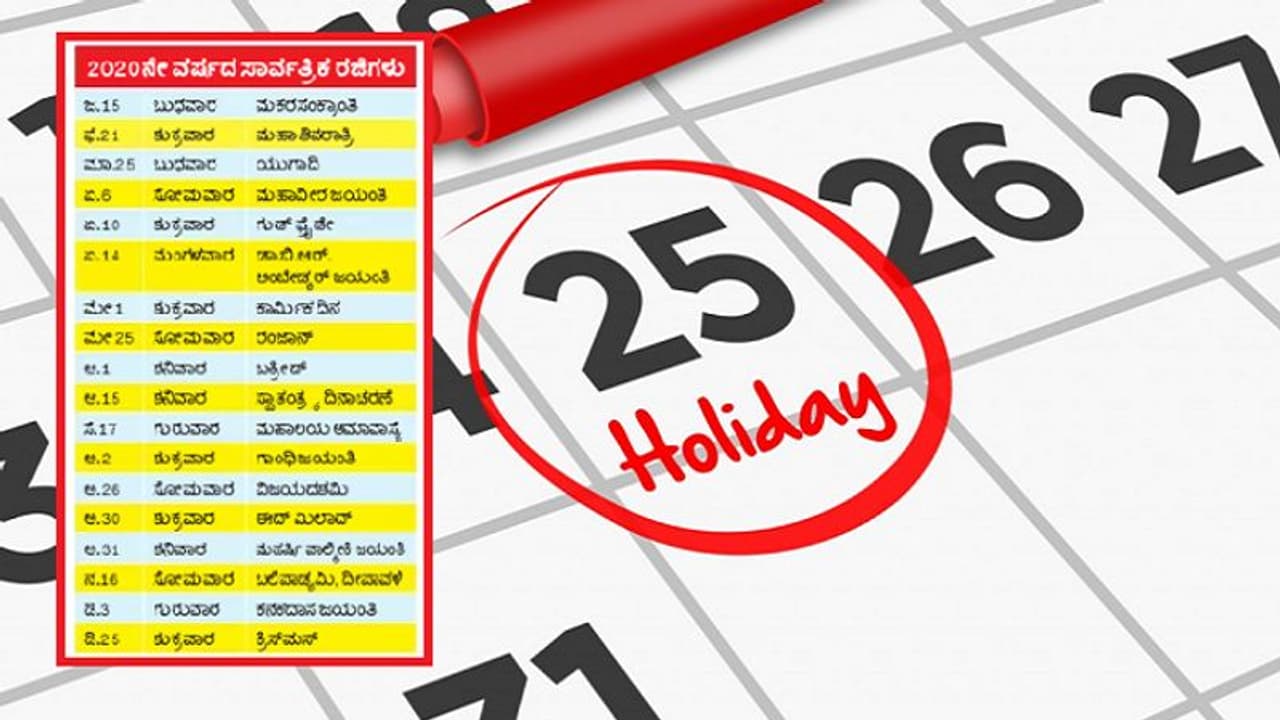 2020ನೇ ವರ್ಷದ ಸಾರ್ವತ್ರಿಕ ರಜೆ ಪಟ್ಟಿ ಬಿಡುಗಡೆ: 7 ರಜೆ ನಷ್ಟ!
