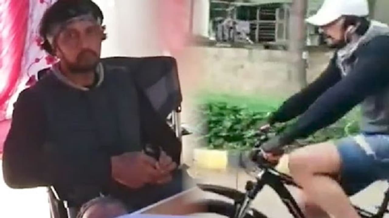 Kichcha Sudeep rides bicycle to Kotigobba 3 sets; video goes viral Kichcha Sudeep rides bicycle to Kotigobba 3 sets; video goes viral