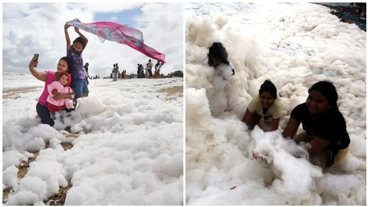 உஷார்...மெரினா, பட்டினப்பாக்கம் கடற்கரையில் பொங்கி வெளியேறும் நுரை..! ஆபத்து தெரியாமல் செல்பி எடுத்து மகிழும் மக்கள்..! உஷார்...மெரினா, பட்டினப்பாக்கம் கடற்கரையில் பொங்கி வெளியேறும் நுரை..! ஆபத்து தெரியாமல் செல்பி எடுத்து மகிழும் மக்கள்..!