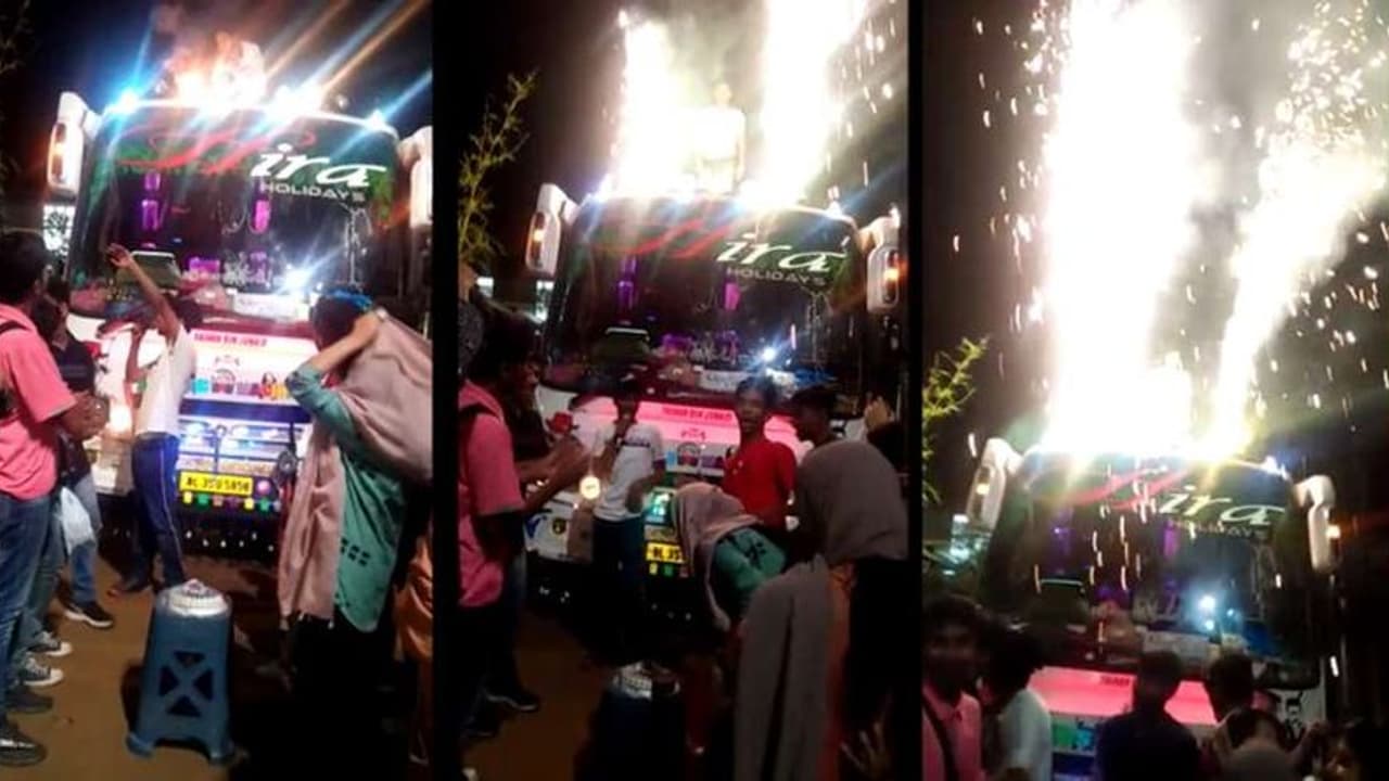 ബസിനു മുകളില് പൂത്തിരി കത്തിച്ചു, പടക്കം പൊട്ടിച്ചു; ടൂറിസ്റ്റ് ബസിന്റെ ഫിറ്റ്നെസ് തെറിച്ചു! ബസിനു മുകളില് പൂത്തിരി കത്തിച്ചു, പടക്കം പൊട്ടിച്ചു; ടൂറിസ്റ്റ് ബസിന്റെ ഫിറ്റ്നെസ് തെറിച്ചു!