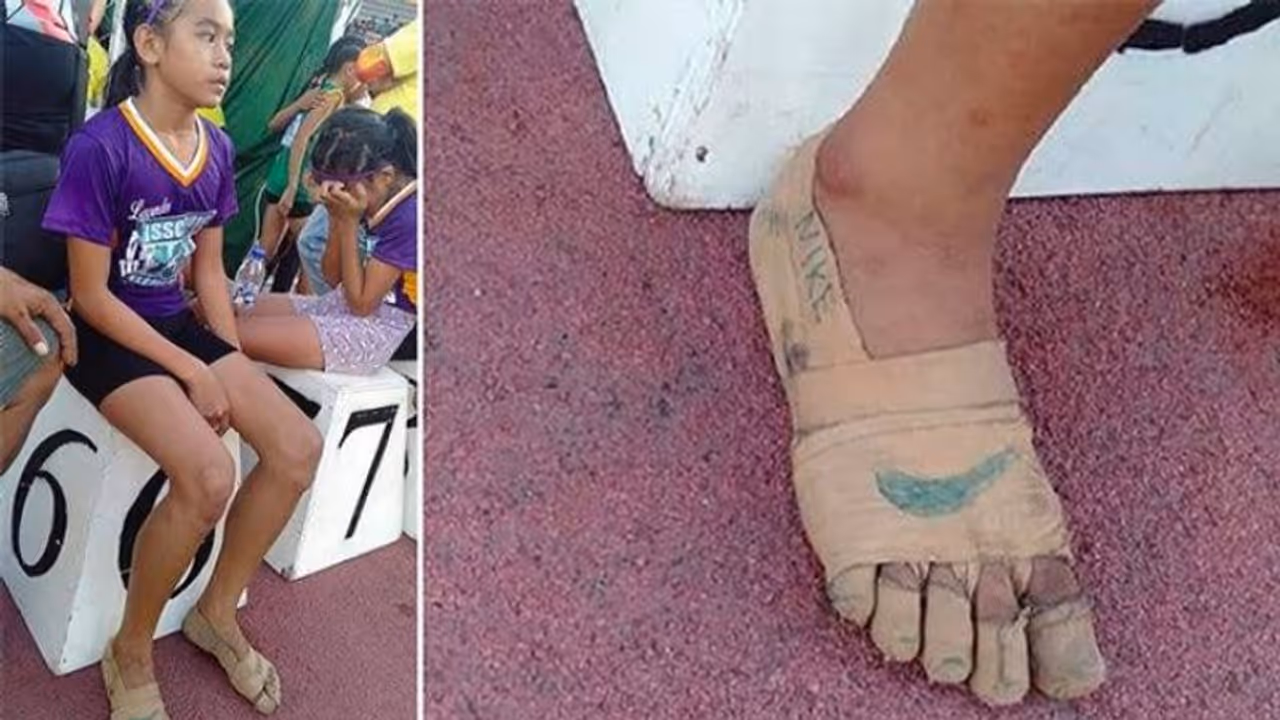 കാലിൽ ഷൂ ഇല്ല; 'ബാൻഡേജ് ഷൂ' ആക്കി മാറ്റിയ പതിനൊന്നുകാരി കുതിച്ചത് സ്വർണ തിളക്കത്തിലേക്ക് കാലിൽ ഷൂ ഇല്ല; 'ബാൻഡേജ് ഷൂ' ആക്കി മാറ്റിയ പതിനൊന്നുകാരി കുതിച്ചത് സ്വർണ തിളക്കത്തിലേക്ക്