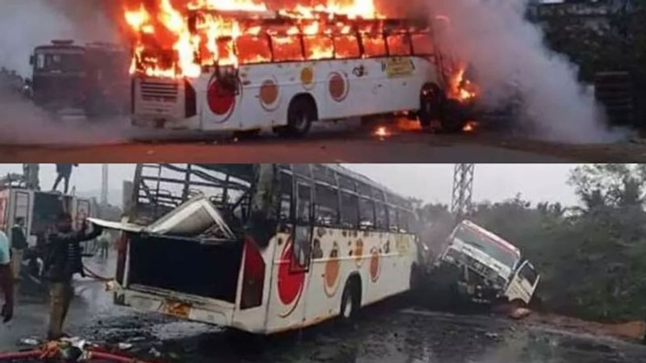 லாரி மீது பேருந்து பயங்கர மோதல்... தீ விபத்தில் 50 பக்தர்கள் அதிர்ஷ்டவசமாக உயிர் தப்பிய அதிசயம்..! லாரி மீது பேருந்து பயங்கர மோதல்... தீ விபத்தில் 50 பக்தர்கள் அதிர்ஷ்டவசமாக உயிர் தப்பிய அதிசயம்..!