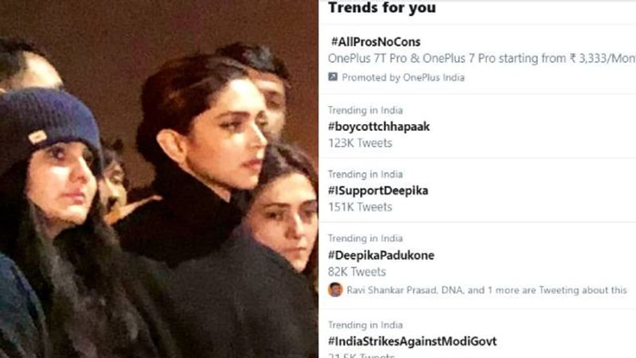 ജെഎന്യുവില് ഐക്യദാര്ഢ്യം; ദീപികയുടെ സിനിമകള് ബഹിഷ്കരിക്കാന് ആഹ്വാനം, ട്വിറ്റര് ട്രെന്ഡിങ് ജെഎന്യുവില് ഐക്യദാര്ഢ്യം; ദീപികയുടെ സിനിമകള് ബഹിഷ്കരിക്കാന് ആഹ്വാനം, ട്വിറ്റര് ട്രെന്ഡിങ്