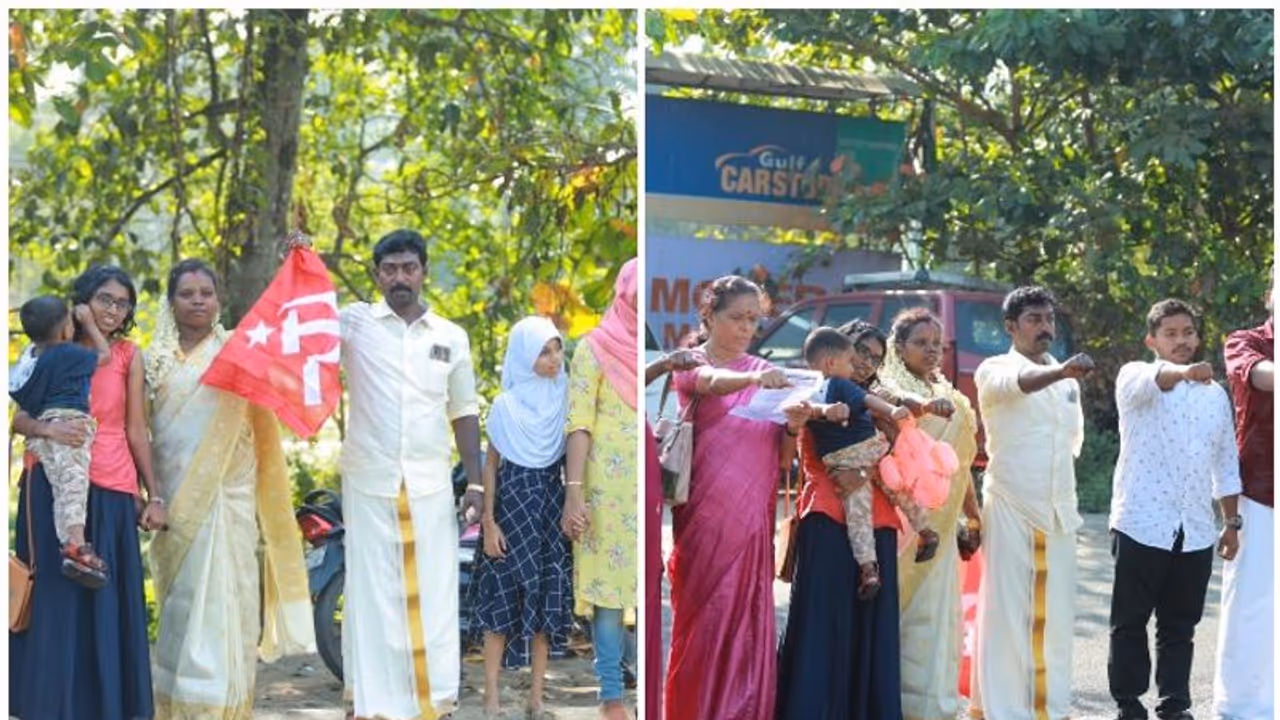 ഒറ്റക്കെട്ടായി പ്രതിഷേധത്തിന്; മനുഷ്യശൃംഖലയില് പങ്കുചേര്ന്ന് വധൂവരന്മാര് ഒറ്റക്കെട്ടായി പ്രതിഷേധത്തിന്; മനുഷ്യശൃംഖലയില് പങ്കുചേര്ന്ന് വധൂവരന്മാര്