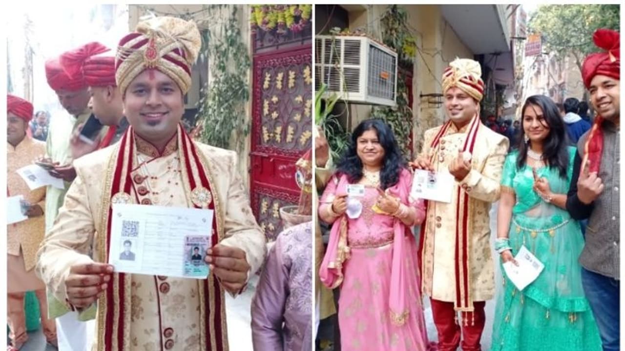 ദില്ലി തെരഞ്ഞെടുപ്പ്; വോട്ട് രേഖപ്പെടുത്താൻ വിവാഹ വേഷത്തിൽ മണവാളനും ബന്ധുക്കളും ദില്ലി തെരഞ്ഞെടുപ്പ്; വോട്ട് രേഖപ്പെടുത്താൻ വിവാഹ വേഷത്തിൽ മണവാളനും ബന്ധുക്കളും