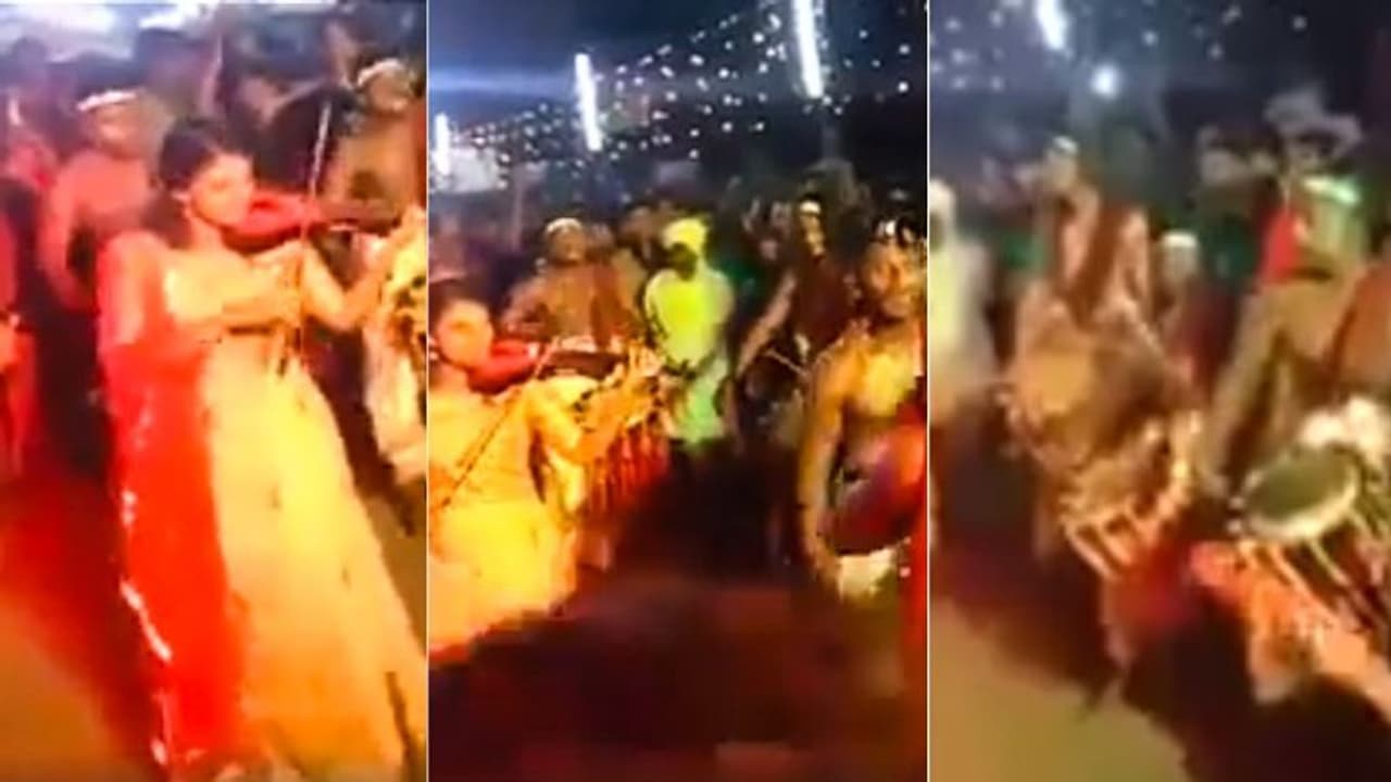 താളത്തിനൊപ്പം മേളപ്പെരുക്കം; ഹിറ്റ് ഗാനത്തിന് വയലിനുമായി യുവതി, ഒപ്പം ചെണ്ടമേളക്കാരും, 'ഇതൊരു വന്‍ കോമ്പോ'