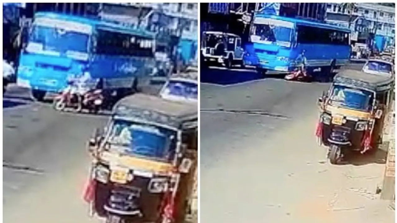 പാഞ്ഞെത്തി ബസ്, അശ്രദ്ധമായി സ്കൂട്ടര് ; ഇടിച്ചിട്ടും ജീവന് നഷ്ടമായില്ല പാഞ്ഞെത്തി ബസ്, അശ്രദ്ധമായി സ്കൂട്ടര് ; ഇടിച്ചിട്ടും ജീവന് നഷ്ടമായില്ല