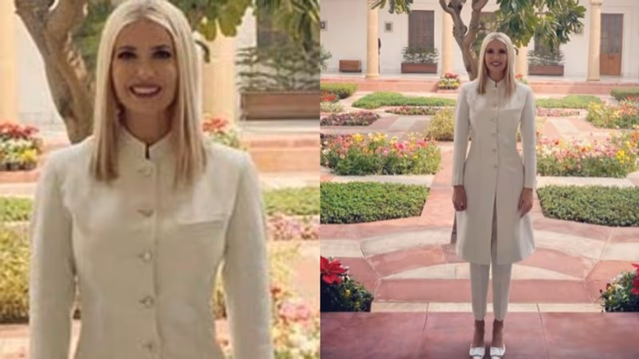 ഇന്ത്യൻ ഡിസൈനറുടെ ഷെർവാണിയിൽ ക്ലാസിക് ലുക്കില് ഇവാന്ക ട്രംപ് ഇന്ത്യൻ ഡിസൈനറുടെ ഷെർവാണിയിൽ ക്ലാസിക് ലുക്കില് ഇവാന്ക ട്രംപ്