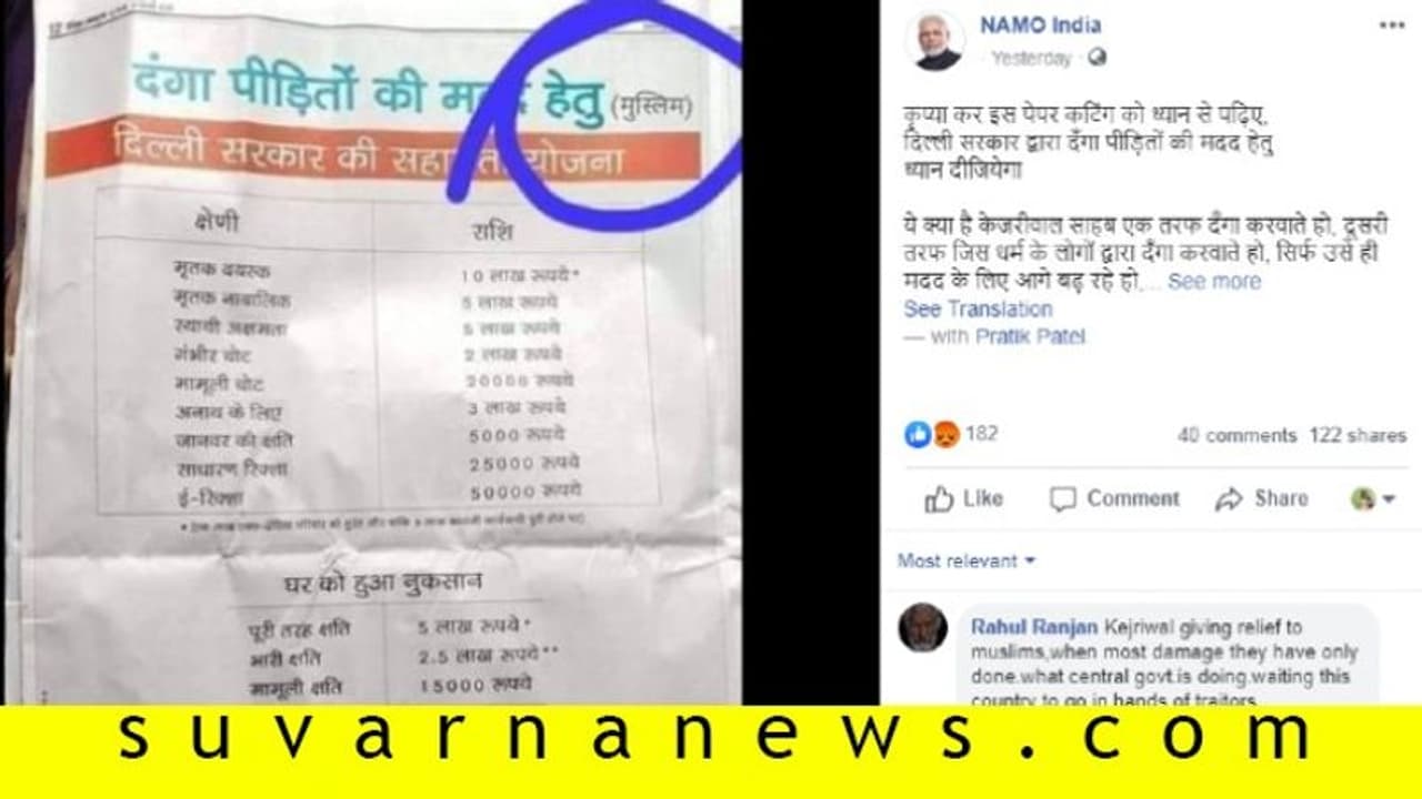 Fact Check| ದಿಲ್ಲಿ ಗಲಭೆ: ಆಪ್‌ನಿಂದ ಮುಸ್ಲಿಮರಿಗೆ ಮಾತ್ರ ಪರಿಹಾರ!