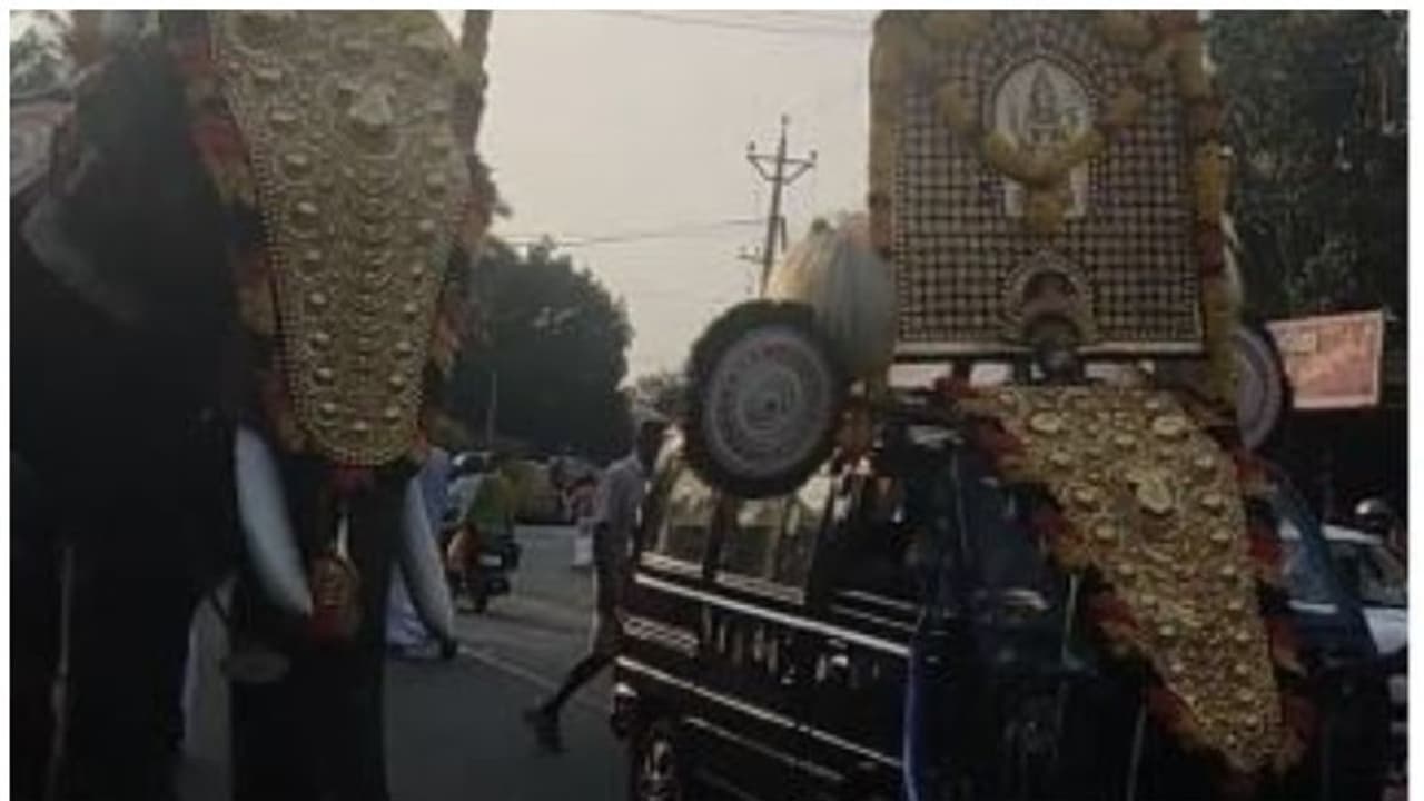 കുളിപ്പിക്കാൻ ഇറക്കിയ ആന തിരിച്ചുകയറിയില്ല; തിടമ്പേറ്റിയത് മാരുതി ഒമിനി വാന് കുളിപ്പിക്കാൻ ഇറക്കിയ ആന തിരിച്ചുകയറിയില്ല; തിടമ്പേറ്റിയത് മാരുതി ഒമിനി വാന്