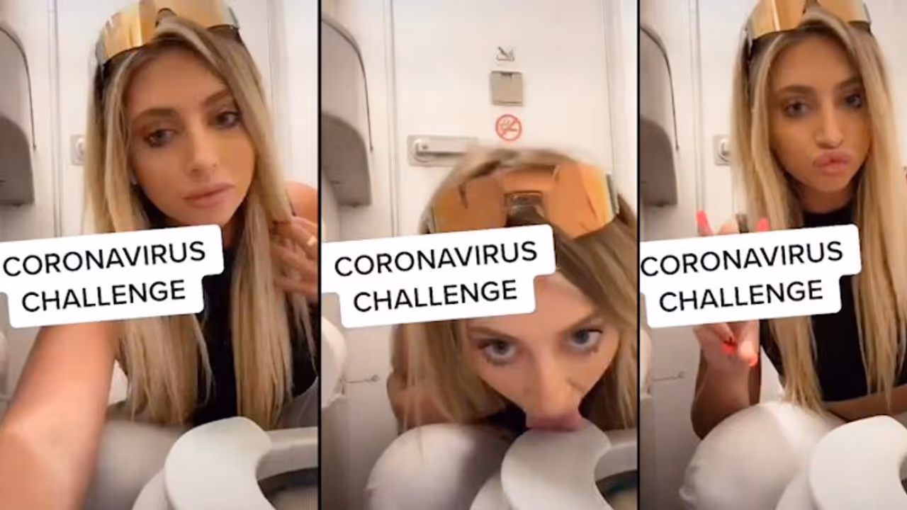 #Coronachallenge : ವಿಮಾನದ ಟಾಯ್ಲೆಟ್ ಸೀಟ್ ನೆಕ್ಕಿದ ಮಾಡೆಲ್