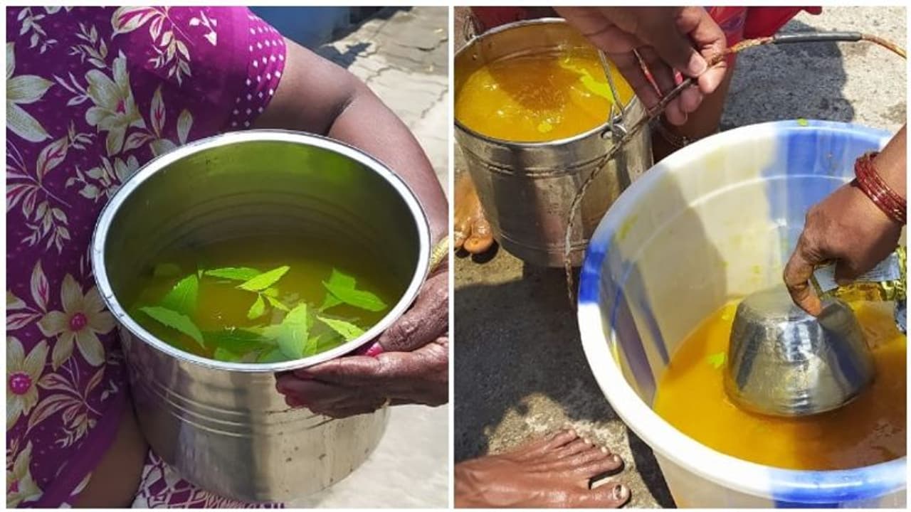 கொரோனா இப்ப வா... உள்ள வந்து பாரு...! மஞ்சள் தண்ணீரில் வேப்பிலையை கலந்து ஊர் முழுதும் தெளிக்கும் மக்கள்!