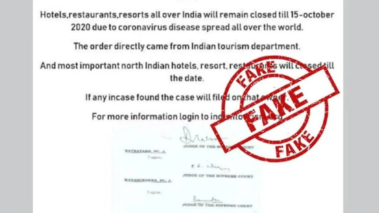 Fact Check: No, tourism ministry has not ordered hotels to be closed till October 15 due to coronavirus Fact Check: No, tourism ministry has not ordered hotels to be closed till October 15 due to coronavirus