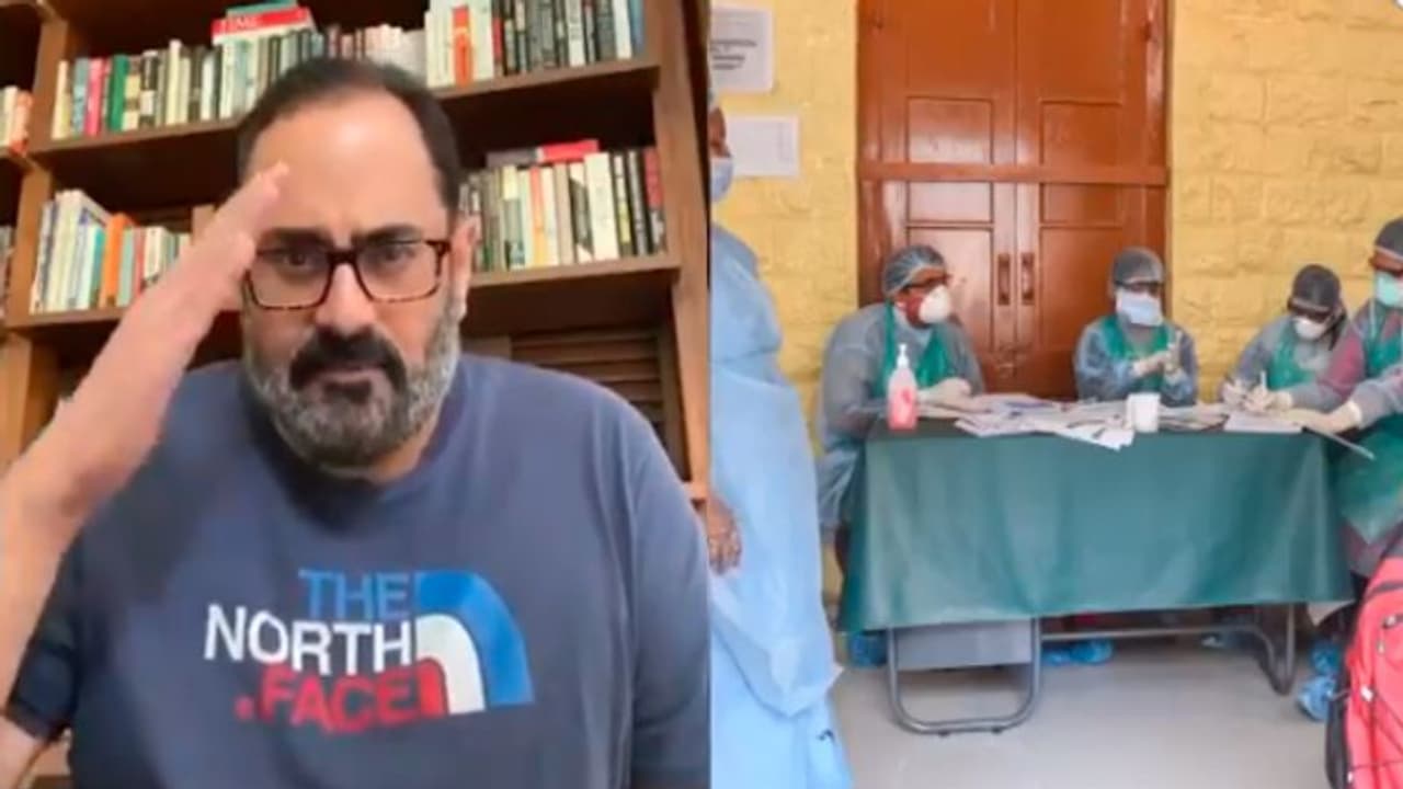 கொரோனாவுக்கு எதிராக ஓய்வின்றி உழைக்கும் மருத்துவர்கள்..! சல்யூட் அடித்து நன்றி தெரிவித்த ராஜீவ் சந்திரசேகர் கொரோனாவுக்கு எதிராக ஓய்வின்றி உழைக்கும் மருத்துவர்கள்..! சல்யூட் அடித்து நன்றி தெரிவித்த ராஜீவ் சந்திரசேகர்