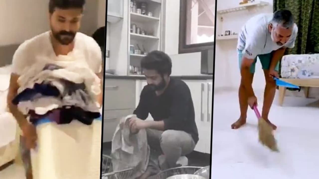 Baahubali director SS Rajamouli, Junior NTR and Ram Charan Teja take to domestic chores during lockdown