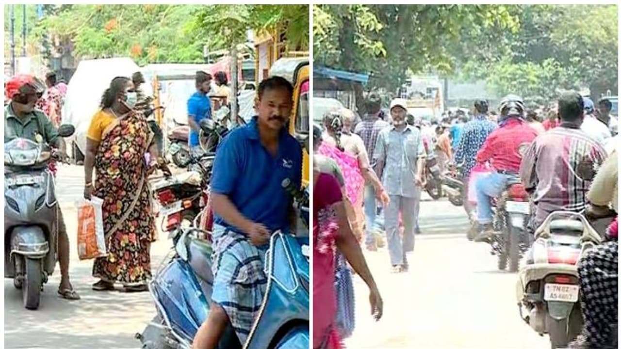 ജനം കൂട്ടത്തോടെ തെരുവിൽ, നിയമംലംഘിച്ച് തമിഴ്നാട്ടിൽ കടകൾക്ക് മുന്നിൽ നീണ്ട ക്യൂ ജനം കൂട്ടത്തോടെ തെരുവിൽ, നിയമംലംഘിച്ച് തമിഴ്നാട്ടിൽ കടകൾക്ക് മുന്നിൽ നീണ്ട ക്യൂ