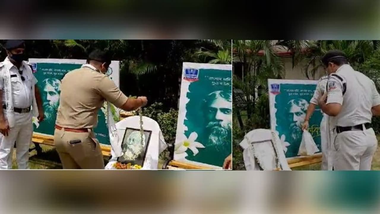 লকডাউন মেনেই কবি প্রণাম, মালা পরিয়ে রবীন্দ্রসংগীতও গাইলেন বিধান নগর সিটি পুলিশ