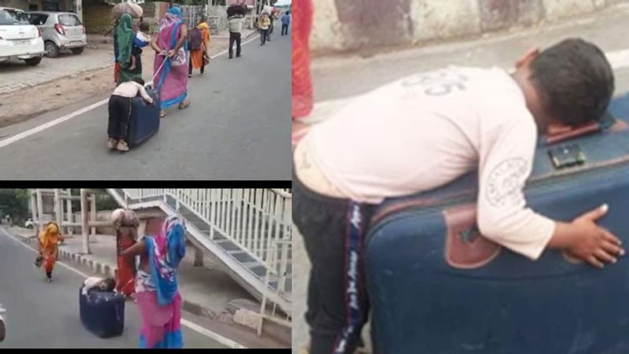 നടന്ന് തളർന്നുറങ്ങിയ മകനെ ട്രോളി ബാഗിൽ കിടത്തി വലിച്ചുകൊണ്ട് പോകുന്ന അമ്മ; ലോക്ക്ഡൗണിലെ ഉള്ളുലയ്ക്കുന്ന കാഴ്ച നടന്ന് തളർന്നുറങ്ങിയ മകനെ ട്രോളി ബാഗിൽ കിടത്തി വലിച്ചുകൊണ്ട് പോകുന്ന അമ്മ; ലോക്ക്ഡൗണിലെ ഉള്ളുലയ്ക്കുന്ന കാഴ്ച