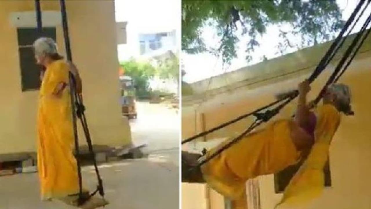 ഇരുന്നും എഴുന്നേറ്റും ഊഞ്ഞാലാടുന്ന മുത്തശ്ശി; വൈറലായി വീഡിയോ