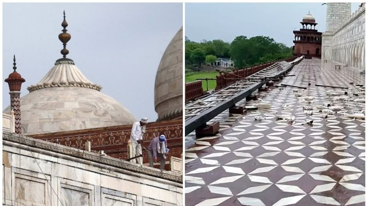 കനത്ത മഴയിലും ഇടിമിന്നലിലും താജ്മഹലിന്റെ കൈവരികള് തകര്ന്നു കനത്ത മഴയിലും ഇടിമിന്നലിലും താജ്മഹലിന്റെ കൈവരികള് തകര്ന്നു