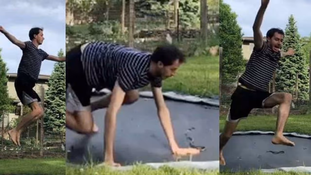 'ഇനി ഞാന്‍ ചാടുന്നില്ലേ': ട്രാംപോളിൻ പ്രകടനത്തിനിടെ പേടിച്ചോടി യുവാവ്; വൈറലായി വീഡിയോ