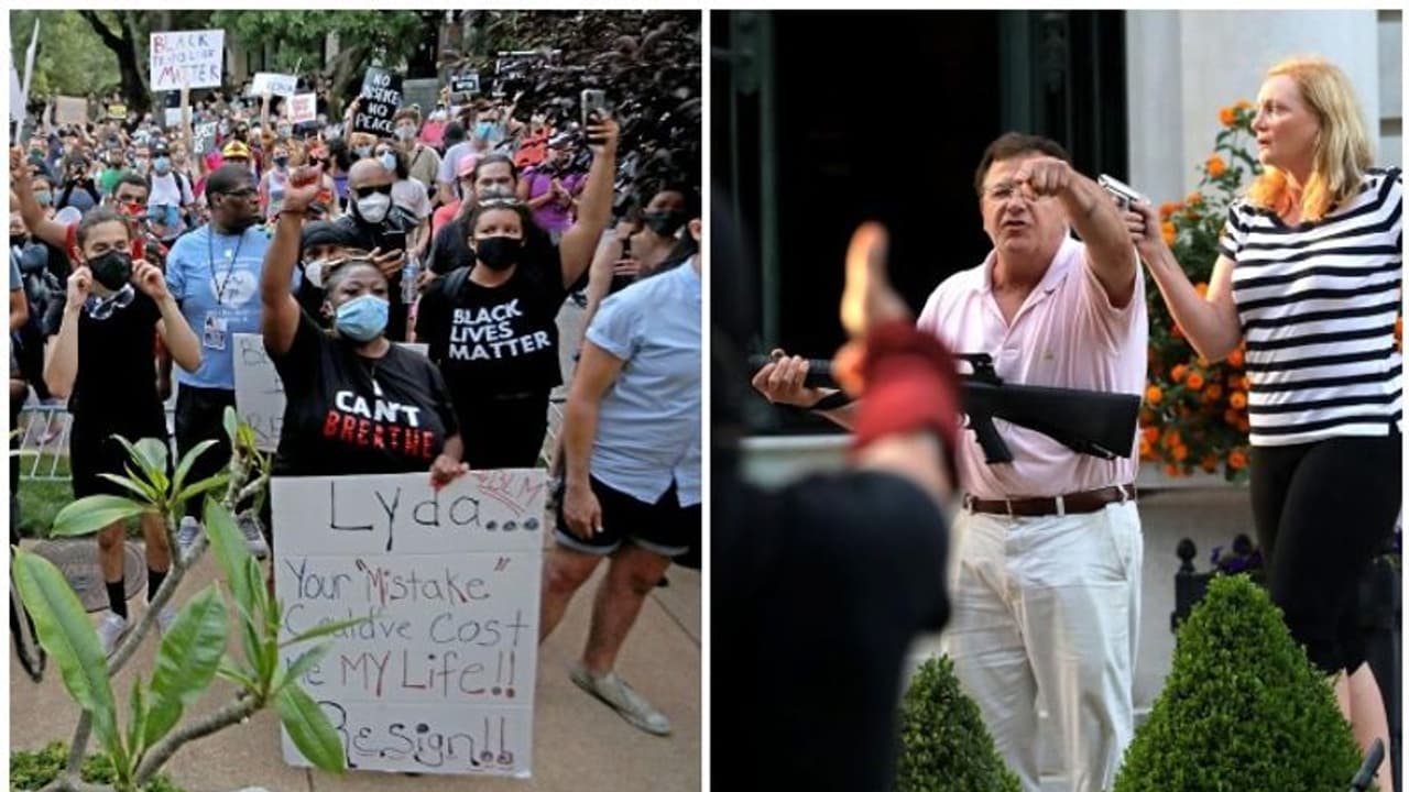 ബ്ലാക്ക് ലൈവ്സ് മാറ്റർ റാലിക്കുനേരെ യന്ത്രത്തോക്ക് ചൂണ്ടി ആക്രോശിച്ച് ദമ്പതികൾ ബ്ലാക്ക് ലൈവ്സ് മാറ്റർ റാലിക്കുനേരെ യന്ത്രത്തോക്ക് ചൂണ്ടി ആക്രോശിച്ച് ദമ്പതികൾ