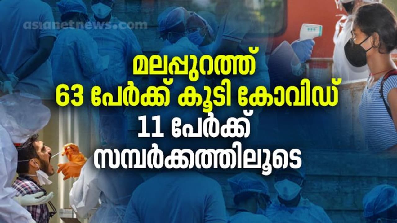 മലപ്പുറത്ത് 63 പേർക്ക് കൂടി കോവിഡ്; 11 പേർക്ക് സമ്പർക്കത്തിലൂടെ രോഗം മലപ്പുറത്ത് 63 പേർക്ക് കൂടി കോവിഡ്; 11 പേർക്ക് സമ്പർക്കത്തിലൂടെ രോഗം