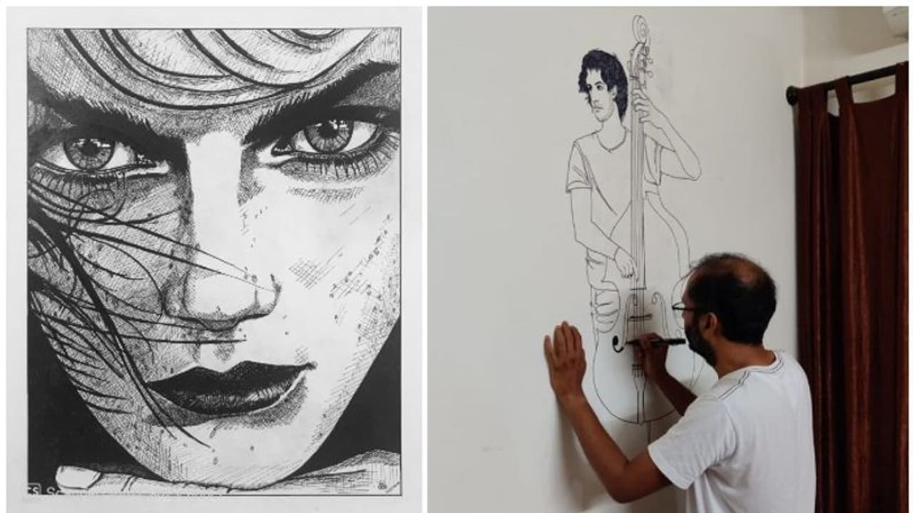 'വർക്ക് ഫ്രം ഹോമി'ന്റെ വിരസതയെ ചുവരിലെ സ്കെച്ചുകൾ കൊണ്ട് മറികടന്ന് രാജീവ്... 'വർക്ക് ഫ്രം ഹോമി'ന്റെ വിരസതയെ ചുവരിലെ സ്കെച്ചുകൾ കൊണ്ട് മറികടന്ന് രാജീവ്...