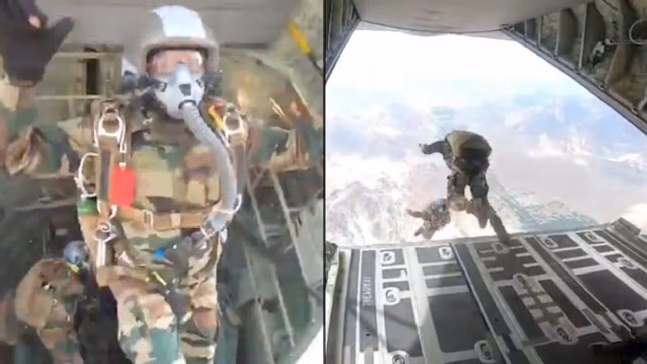 Watch: Indian paratroopers dive from Super Hercules aircraft over Ladakh mountains Watch: Indian paratroopers dive from Super Hercules aircraft over Ladakh mountains