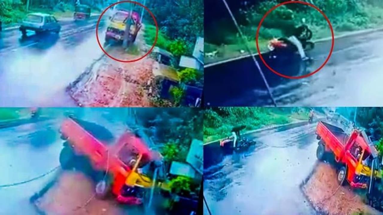 നനഞ്ഞ റോഡ് ചതിച്ചു, ടിപ്പര് പോസ്റ്റ് തകര്ത്തു, ഇലക്ട്രിക്ക് ലൈനില് കുടുങ്ങി ബൈക്ക് യാത്രികന്! നനഞ്ഞ റോഡ് ചതിച്ചു, ടിപ്പര് പോസ്റ്റ് തകര്ത്തു, ഇലക്ട്രിക്ക് ലൈനില് കുടുങ്ങി ബൈക്ക് യാത്രികന്!