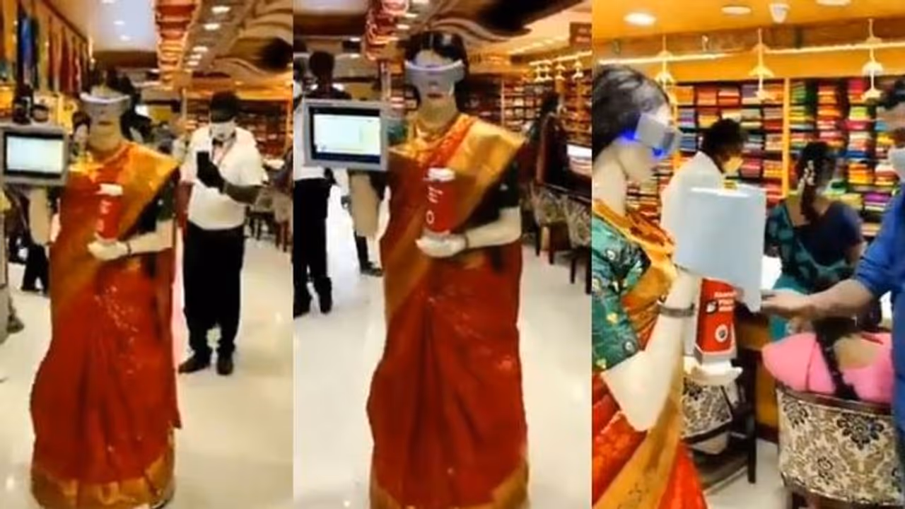 സാരിയുടുത്ത ഈ സുന്ദരി ഓടി നടന്ന് സാനിറ്റൈസർ തരും, പക്ഷേ മനുഷ്യനല്ല; വൈറലായി വീഡിയോ സാരിയുടുത്ത ഈ സുന്ദരി ഓടി നടന്ന് സാനിറ്റൈസർ തരും, പക്ഷേ മനുഷ്യനല്ല; വൈറലായി വീഡിയോ