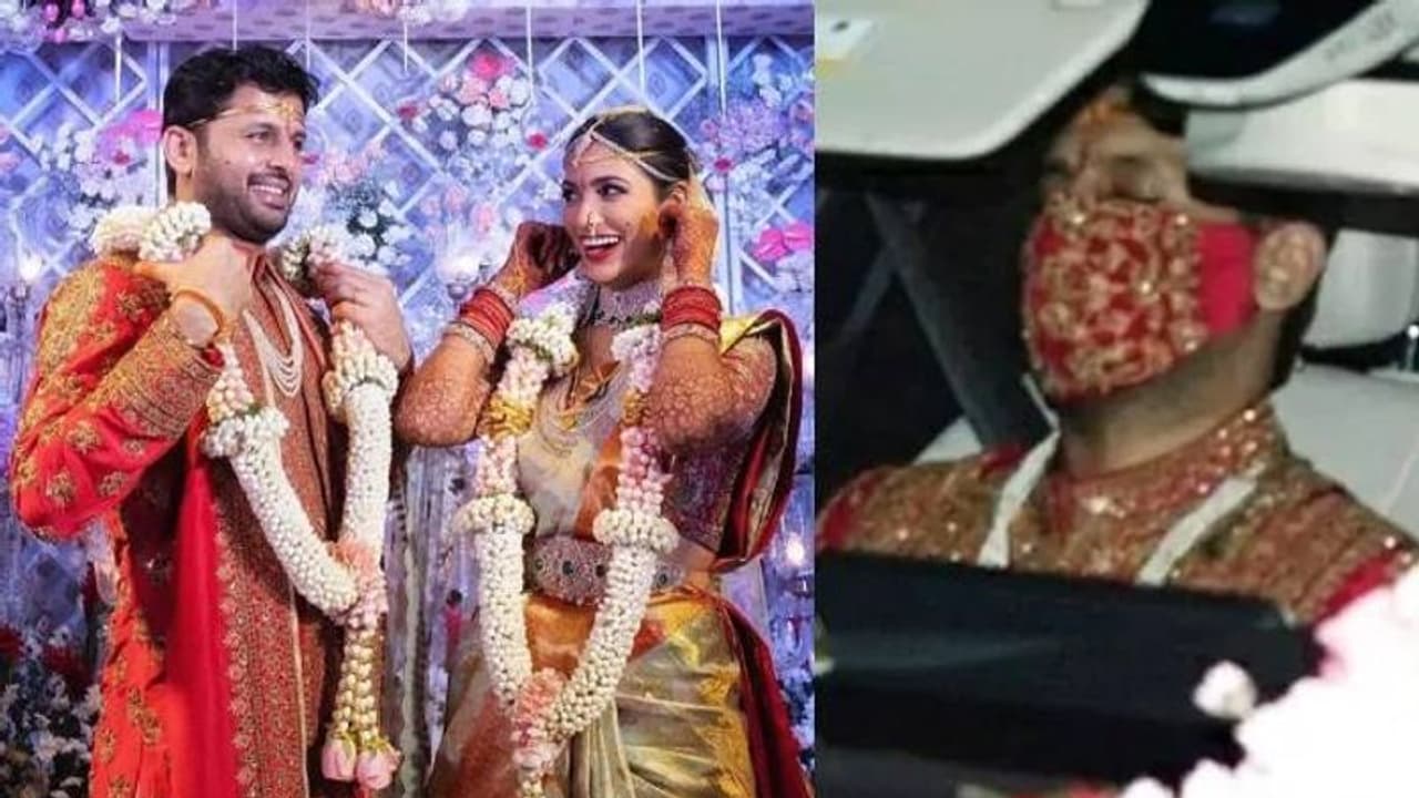 വിവാഹവസ്ത്രത്തിനിണങ്ങിയ കിടിലന്‍ മാസ്ക് ധരിച്ച് നടൻ നിതിന്‍