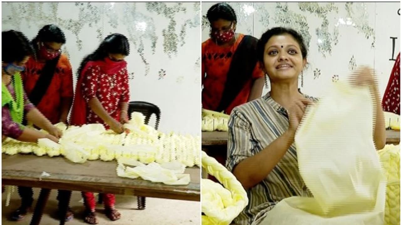 പിപിഇ കിറ്റ് നിര്മ്മാണത്തിലെ അവശിഷ്ടങ്ങളില്നിന്ന് കിടക്ക നെയ്ത് ലക്ഷ്മി മേനോനും സംഘവും പിപിഇ കിറ്റ് നിര്മ്മാണത്തിലെ അവശിഷ്ടങ്ങളില്നിന്ന് കിടക്ക നെയ്ത് ലക്ഷ്മി മേനോനും സംഘവും