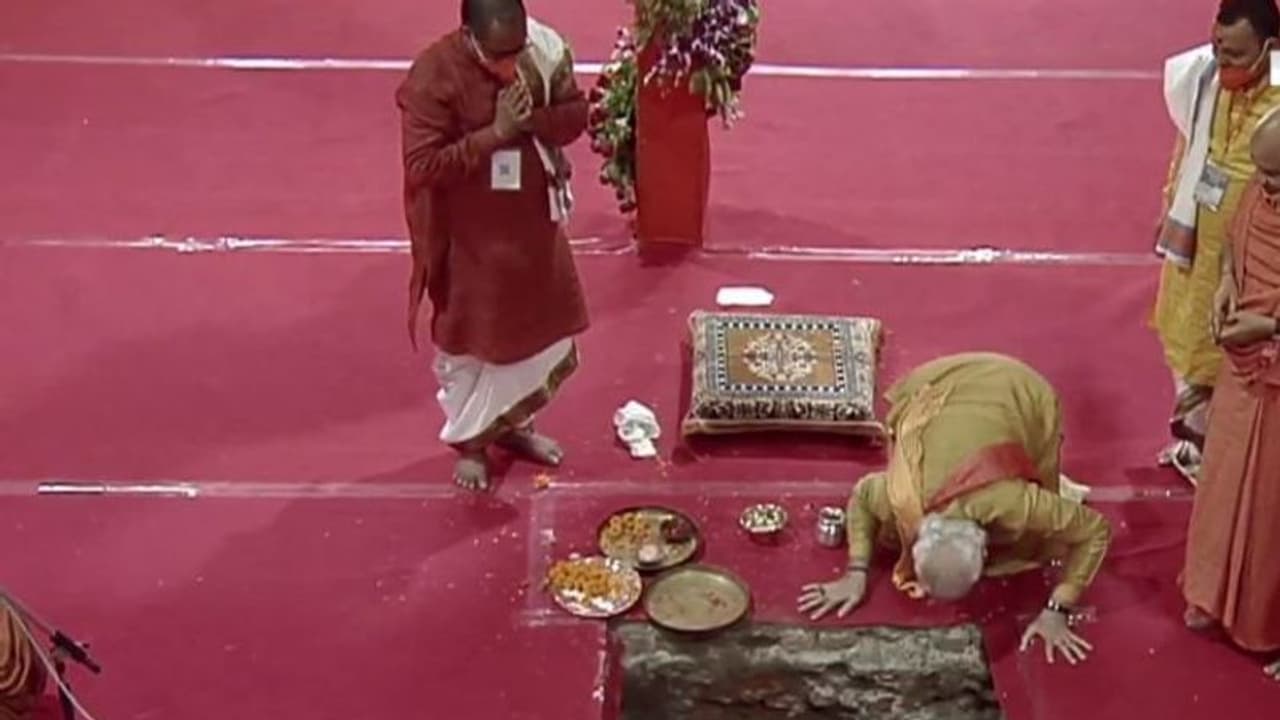 Ram Temple Bhoomi Pujan: PM Modi lays first brick at 12:44:08 pm; BJP leaders tweet congratulatory messages Ram Temple Bhoomi Pujan: PM Modi lays first brick at 12:44:08 pm; BJP leaders tweet congratulatory messages