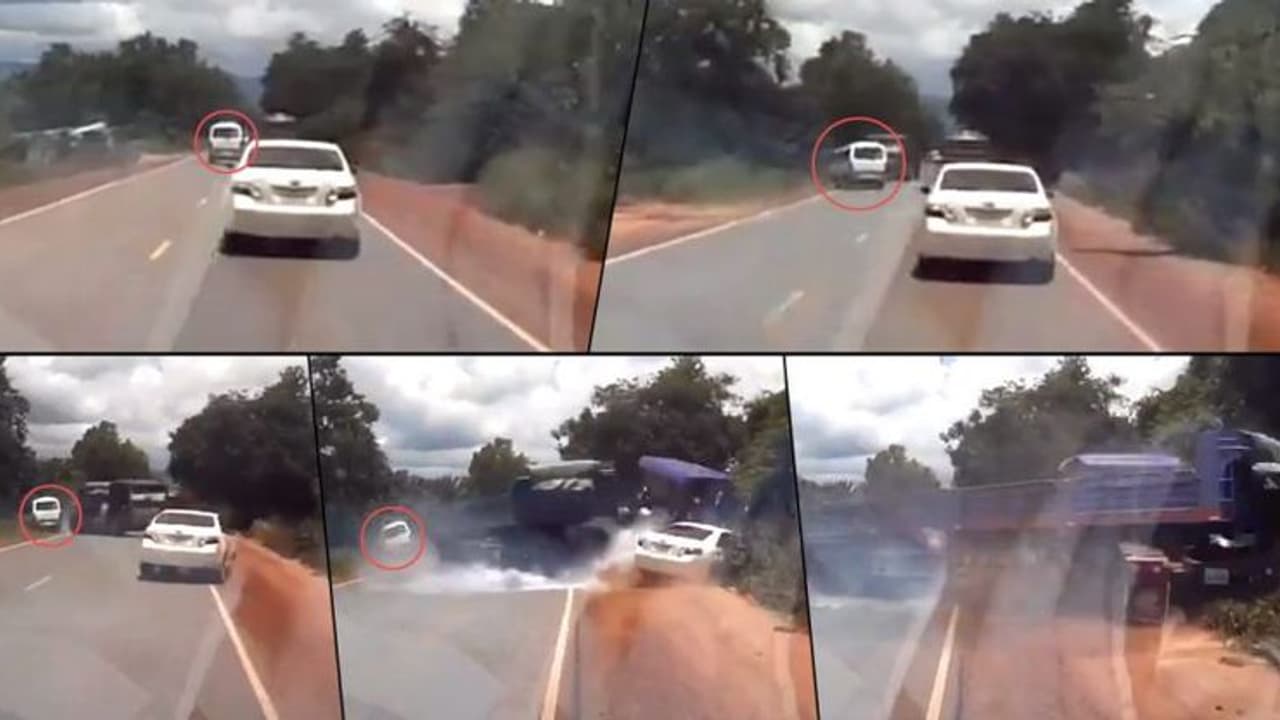 വെട്ടിച്ച കൂറ്റന്‍ ലോറി നടുറോഡില്‍ വട്ടം കറങ്ങിയപ്പോള്‍ കാറിന് സംഭവിച്ചത്!