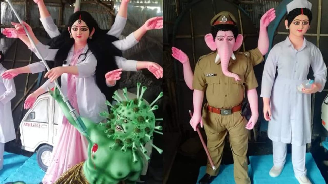 প্রথম সারির করোনা যোদ্ধাদের সম্মান, করোনারূপী অসুরকে ইঞ্জেকশন দিয়ে বধ করছেন মা দুর্গা