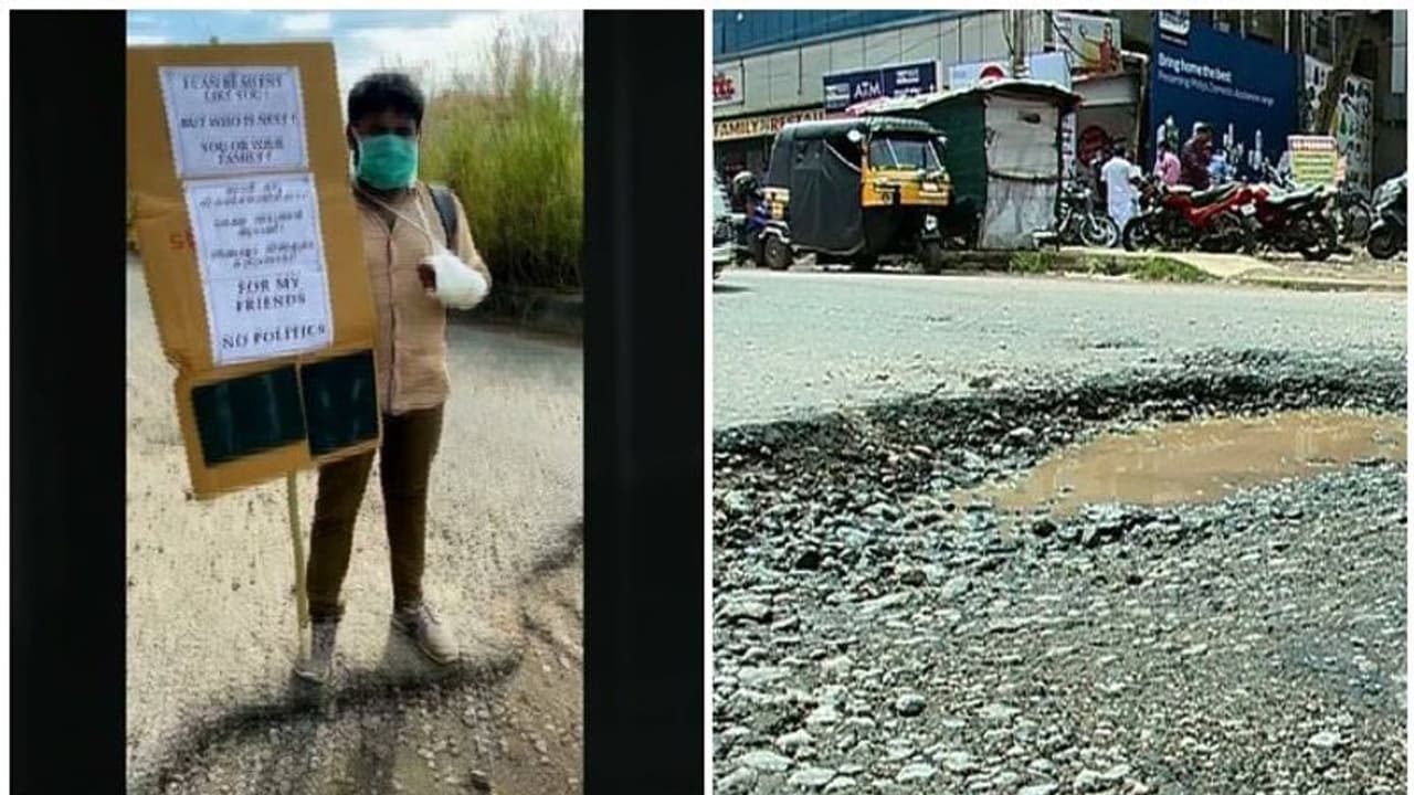 ഒറ്റയാൾ സമരം 'വൈറലായി', ഒടുവിൽ റോഡിലെ കുഴിയടയ്ക്കാൻ അധികൃതരെത്തി