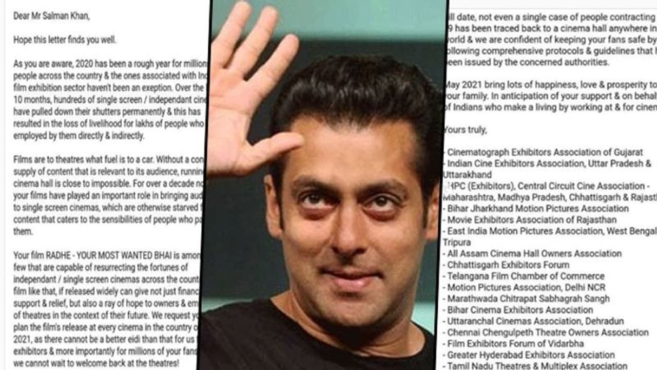 Salman Khan gets a request for Radhe's theatrical release from Cinema Associations Salman Khan gets a request for Radhe's theatrical release from Cinema Associations