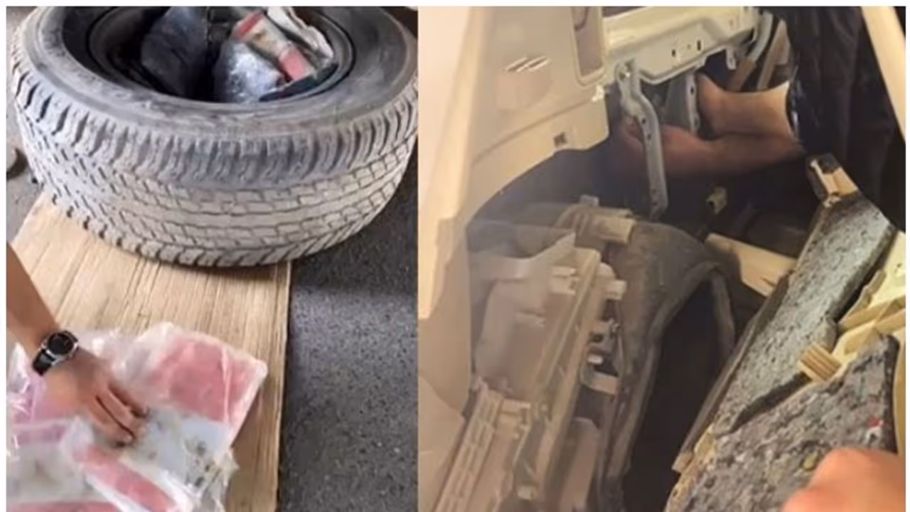 വാഹനത്തിന്റെ ടയറിലൊളിപ്പിച്ച് കടത്താന് ശ്രമിച്ചത് 23 കിലോഗ്രാം മയക്കുമരുന്ന്; യുവാവ് പിടിയില് വാഹനത്തിന്റെ ടയറിലൊളിപ്പിച്ച് കടത്താന് ശ്രമിച്ചത് 23 കിലോഗ്രാം മയക്കുമരുന്ന്; യുവാവ് പിടിയില്