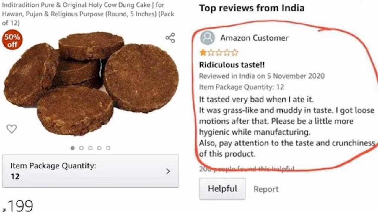 Customer bought 'Cow dung cake' from Amazon; ate and posted a review, calls it's muddy, grass-like