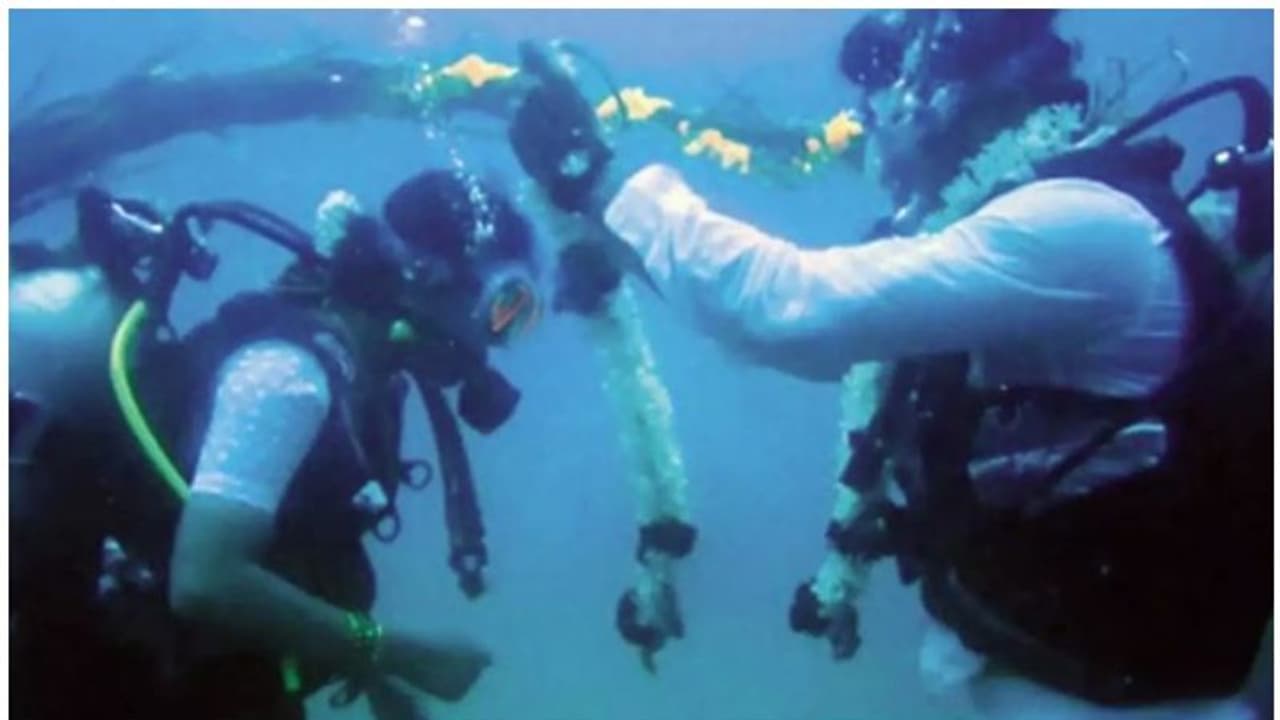 60 അടി താഴ്ചയിൽ വെള്ളത്തിനടിയിൽ വച്ച് ചിന്നദുരൈ ശ്വേതയ്ക്ക് മിന്നുകെട്ടി; വെെറലായി വീഡിയോ